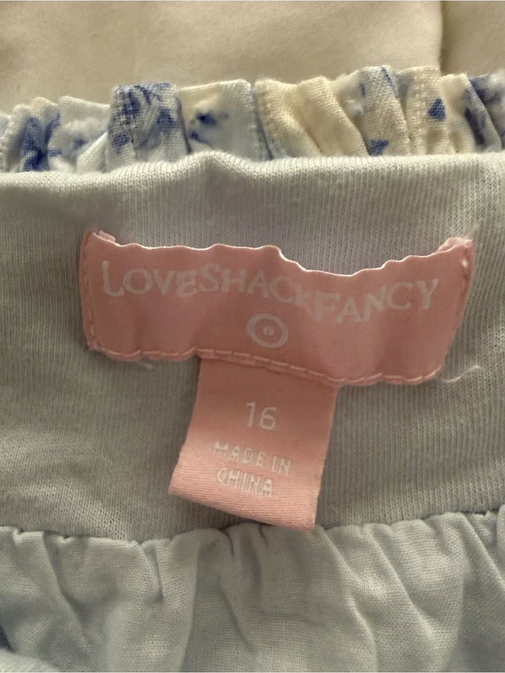 LoveShackFancy White and Blue Floral Tiered Mini Skirt